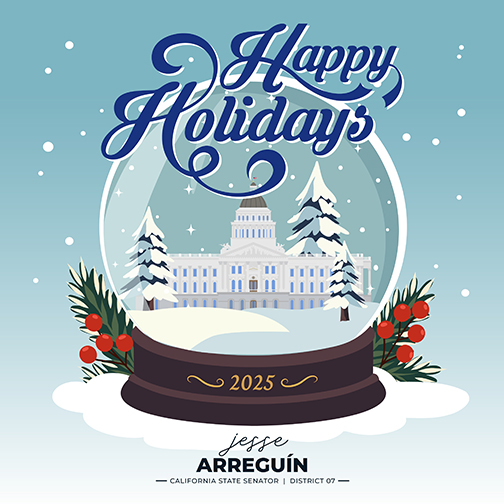 "Happy Holidays" on a graphic with the Sacramento Capitol in a snowglobe